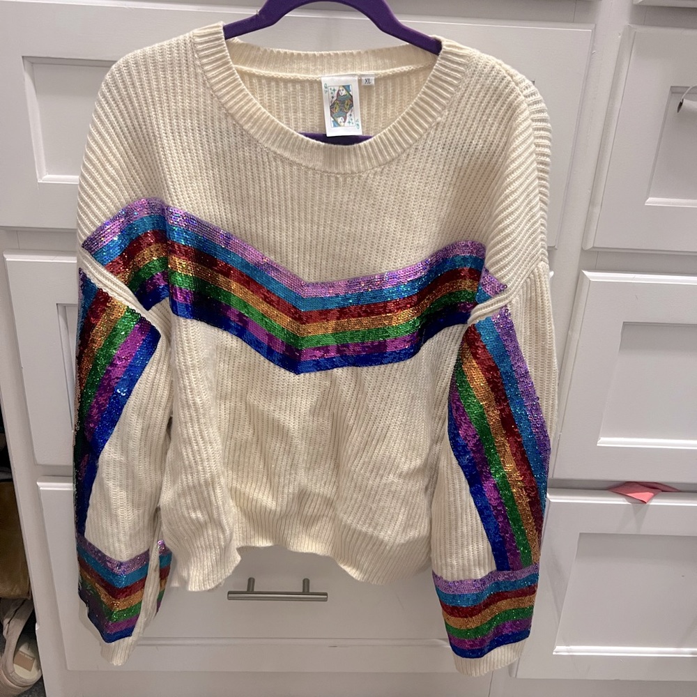 QUEEN OF SPARKLES CREAM SWEATER WITH RAINBOW SEQUINS! WORN ONCE SIZE XL